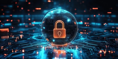 Glowing digital padlock inside a transparent sphere hovering above a futuristic circuit board representing cybersecurity and data protection