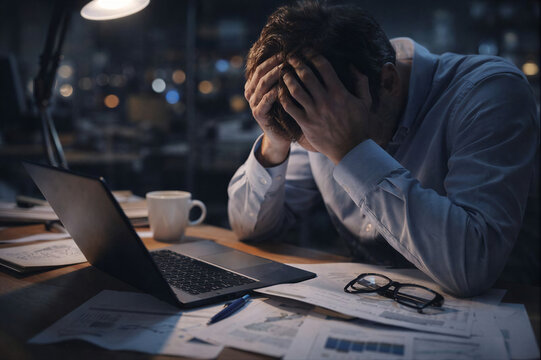 Zestresowany mężczyzna pracujący nocą przy biurku &ndash; presja, zmęczenie i problemy zawodowe