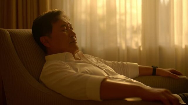 Man Reclining In Armchair At Sunset, Warm Golden Light Through Curtains, Pensive Expression, Relaxed Posture, Wristwatch Visible, Cozy Living Room, Quiet Afternoon Nap And Silent Reflection.