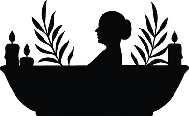Relaxing Woman Silhouette Enjoying a Spa Bath with Candles and Greenery for Wellness and Self Care