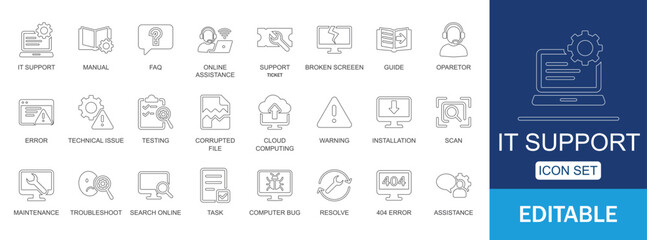Technical IT Support Helpdesk Customer Service Troubleshooting Vector line Icon Set. Editable linear vector icons.