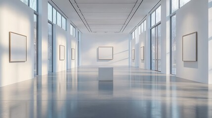 Fototapeta premium Minimalist bright contemporary art gallery interior with empty white framed canvases, central pedestal cube, tall windows, soft natural light and a calm serene atmosphere