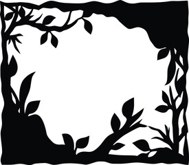 Rustic natural frame featuring dark silhouettes of tree branches and foliage
