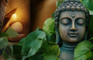 Fototapeta premium ornate stone buddha head nestled in lush heart-shaped green leaves beside warm glowing carved candle, evoking serene calm and peaceful meditation