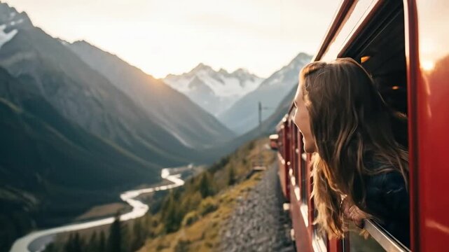 Excited female traveler admiring epic mountain landscape from red train window.