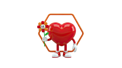 3D Heart Character Holding a Flower with Hexagonal Frame