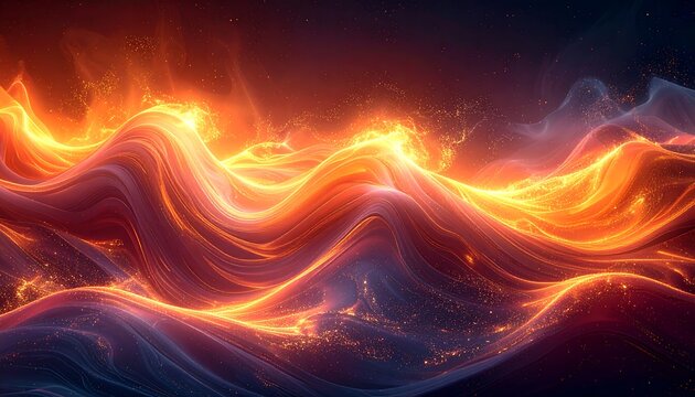 Abstract landscape with rolling waves of orange and purple light, resembling fire and water - Powered by Adobe