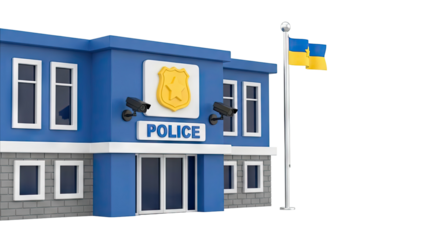 Cartoon Police Station with Ukrainian Flag