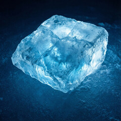 Fototapeta premium rough-edged chunk of cloudy ice resting on a deep, cold blue, subtly textured surface