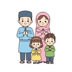 Obraz premium Muslim Family in Traditional Attire Praying Together