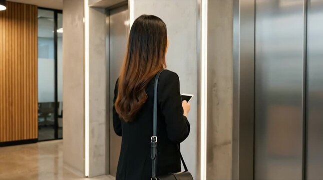 Rear view of a professional woman waiting for an elevator in a contemporary office building, holding a smartphone. Modern business environment and ...
