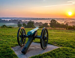 Cannon silhouetted against a hazy, glowing sunrise over a verdant landscape with light fog in valleys