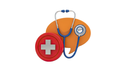 Medical Icons: Stethoscope, Red Cross, and Speech Bubble
