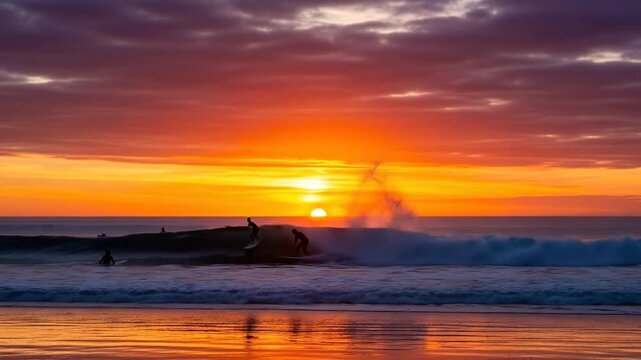 Silhouetted Surfers Catching Waves Under Dramatic Sunset Sky in Tofino