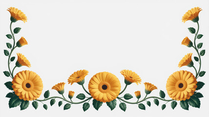 Yellow gerbera daisy floral border with green leaves on white background
