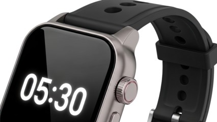 Smartwatch with black band and digital time display