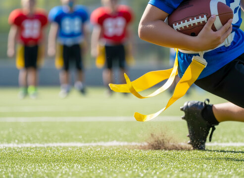 Youth Flag Football Player Running with Ball on Field