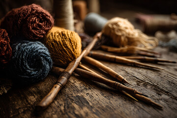 Crafting with colorful yarn and wooden tools on a rustic table in a cozy setting