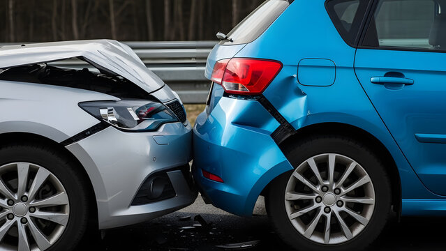 Car accident collision between two vehicles on city street showing damaged bumpers and crushed metal after rear end crash