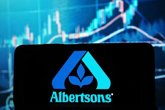 In this photo illustration,  Albertsons Companies  logo seen displayed on a smartphone.