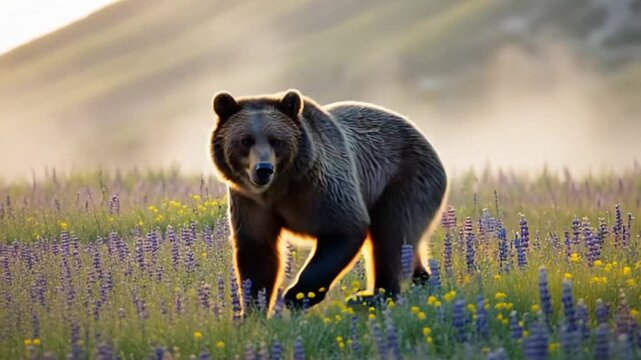 Majestic brown bear roaming through vibrant wildflower meadow