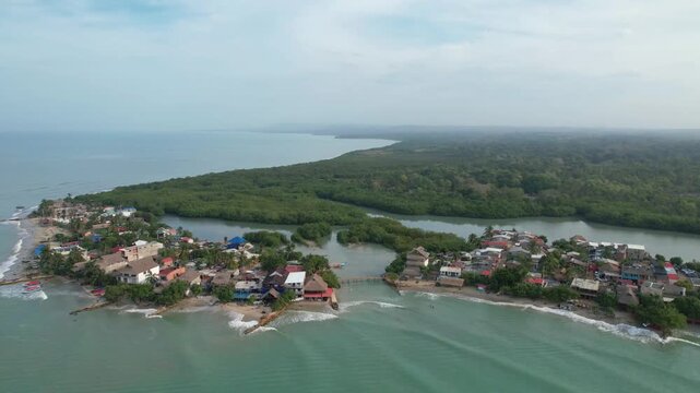 Picturesque aerial view of the fishing village of rincon del mar on the colombian caribbean coast