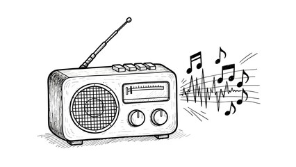 Hand drawn sketch of a vintage radio playing music with musical notes. © MR.HAY