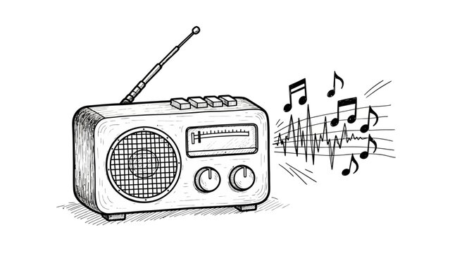 Hand drawn sketch of a vintage radio playing music with musical notes.