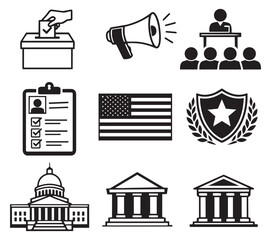 Government and politics glyph icon set featuring election, democracy, and public service symbols for civic education