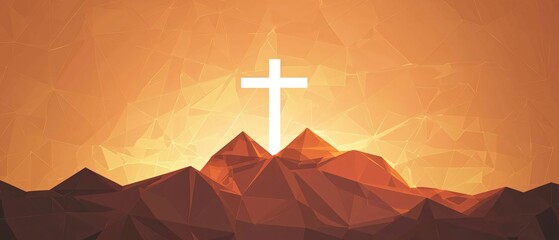 Cross on Mountain Peak During Sunrise with Geometric Background