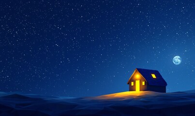 Cozy house glowing under a starry night sky with a bright moon