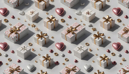 Elegant gift boxes and heartshaped decorations arranged in a festive pattern.