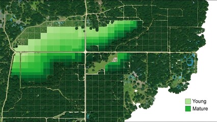 Satellite Imagery of Forested Area Showing Growth Stages with a Grid Overlay and Legend
