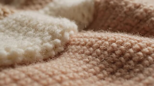Macro photography reveals the warm, cozy pastel texture of a hand-knitted wool blanket, showcasing intricate looping stitches and contrasting cream patches.
