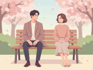 Obraz premium A soft illustration of a young couple sitting together on a bench, capturing quiet romance, emotional distance, and unspoken feelings in a calm urban setting.