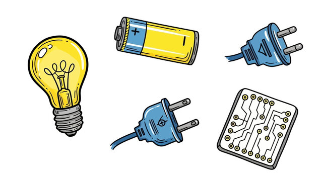 Set of hand drawn electrical components including light bulb battery plugs and circuit board.