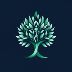 Abstract green tree composed of stylized leaves with a human figure at the center symbolizing growth, harmony, and connection with nature on a dark background