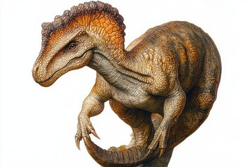 realistic crested dinosaur with orange and brown scaly skin crouching and poised to strike, alert watchful gaze, muscular body and sharp claws on white background