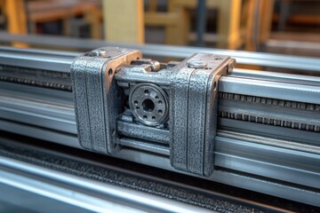 close-up of metallic linear guide carriage on extruded aluminum rails with circular bearing plate and textured metal surfaces, blurred workshop background conveying industrial precision