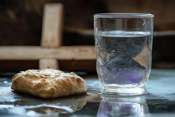 still life of a clear glass of water and a flaky square pastry on a wet reflective table with a rustic wooden background, calm quiet morning mood
