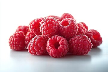 pile of fresh ripe raspberries on a white surface, vibrant and inviting close-up