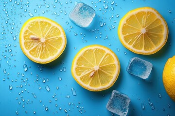 three lemon halves and a partial whole lemon with ice cubes and scattered water droplets on a bright blue surface, fresh and invigorating summer refreshment