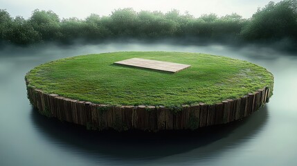circular floating grassy island with wooden log edge and small central wooden platform, surrounded by misty water and distant treeline, evoking serene isolation