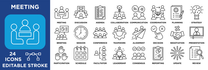 Meeting icon set illustrating discussion, agenda, collaboration, communication, planning, strategy, teamwork, decision-making, leadership, and presentation activities. vector lineal 