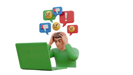 Person stressed by negative online feedback and notifications