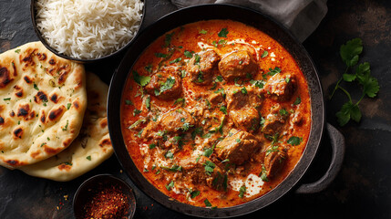 Skillet of rich creamy curry with tender meat chunks and aromatic spices, capturing warm, comforting flavors of traditional Asian home-cooked cuisine.