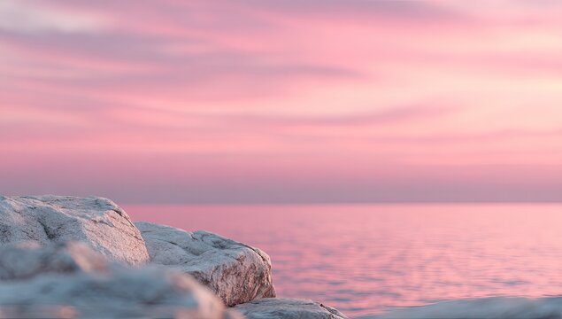 Pink sky reflects on tranquil ocean near textured rocks at dawn.