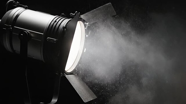 Cinematic Studio Spotlight Beam Illuminating Floating Dust Particles in Darkness
