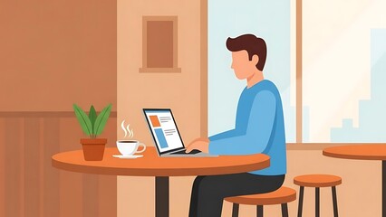 Digital nomad enjoying remote work from a cozy cafe, a young man focused on his laptop screen with a steaming cup of coffee and a plant nearby, embodying modern productivity
