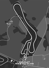 Map of the Circuit Mas du Clos race track. The track is outlined in white and winds through a landscape of varying shades of gray, representing different terrains.